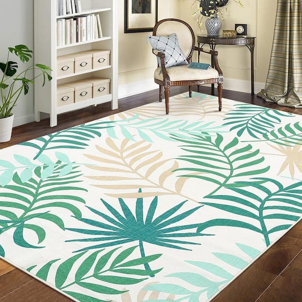 Modern Botanical Printed Rug with Non-slip Backing Short Pile Foldable Rug Washable Living Room Rug Green 9X12ft