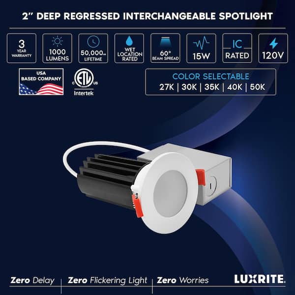 2 in. Integrated LED Recessed Canless Light with Waterproof Interchangeable Trim, 5CCT, 1000LM, 15W, CRI80, Dimmable