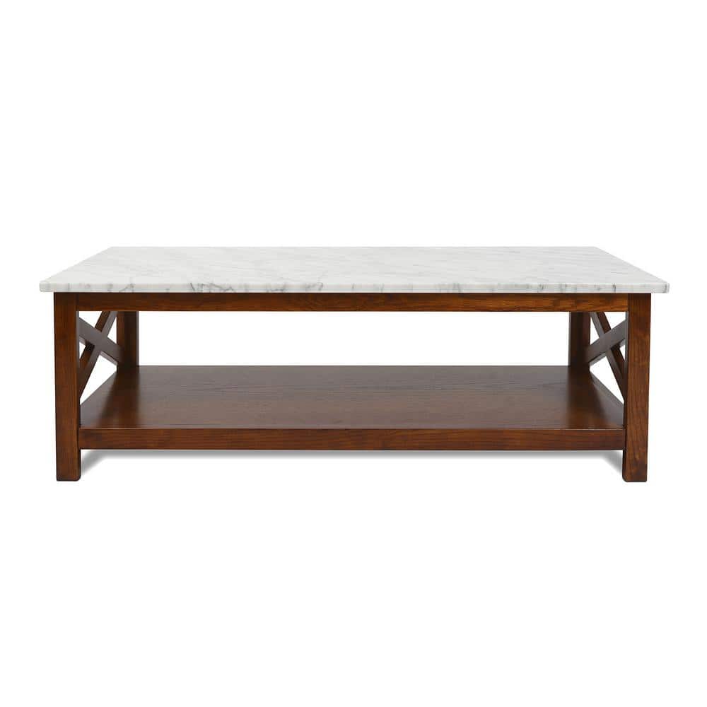 Agatha 44" Rectangular White Marble Coffee Table with Walnut Wood Legs