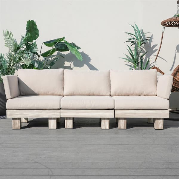 Policy Aluminum Outdoor Three-Seat Couch with Beige Cushions and Armrests