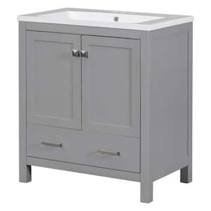 Ami 30 in. W Gray Freestanding With White Resin Top Bathroom Vanity Cabinet With 1 Partitioned Drawers