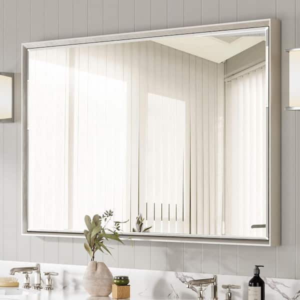 QueenFun 48 in. W x 30 in. H Framed Rectangular Beveled Edge Bathroom Vanity Wall Mount Mirror in Brushed Nickel