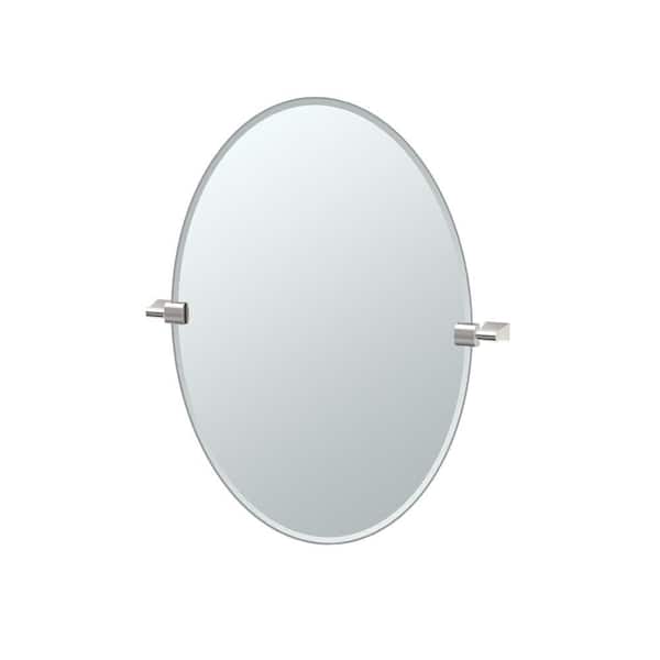 Bleu 23.5 in. W x 26.5 in. H Oval Frameless Tilt Wall Bathroom Vanity Mirror in Satin Nickel