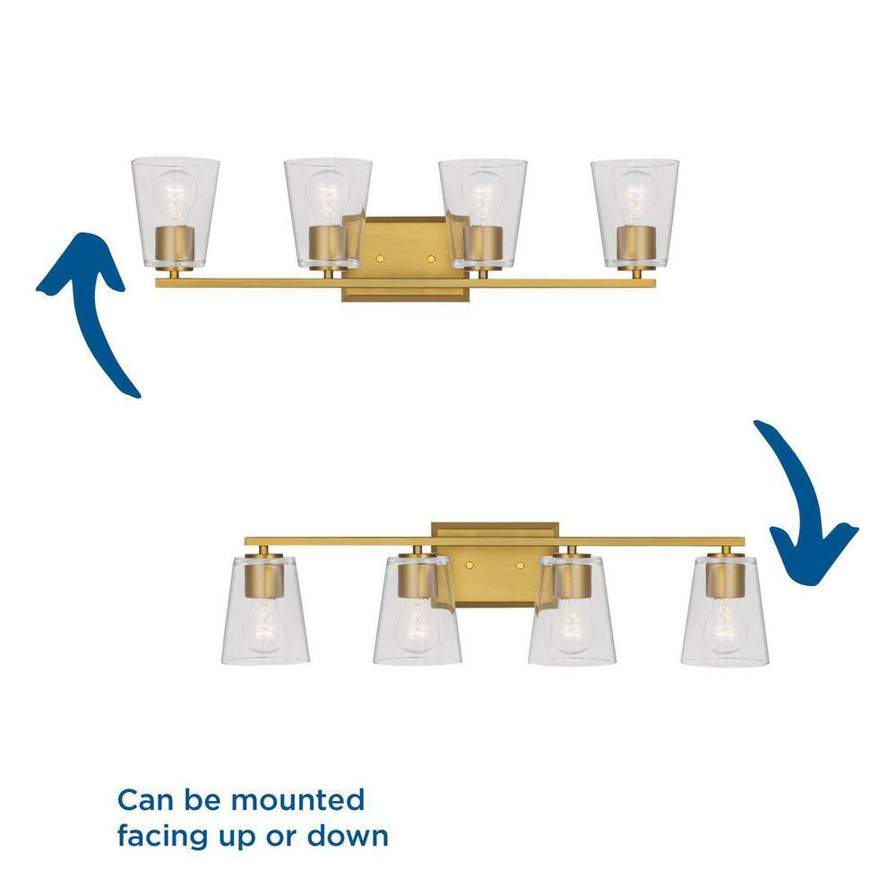 Vertex Brushed Gold Four-Light Glass Bath Vanity Fixture