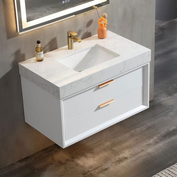 Lonni 36 in. W x 20.7 in. D x 21.3 in. H Single Wall Hung Bath Vanity in White Tone w/White Marble Countertop and Lights