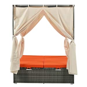 Gray Wicker Outdoor Day Bed, with Removable Orange Cushions, Patio Sofa Bed with Canopy and Adjustable Seat