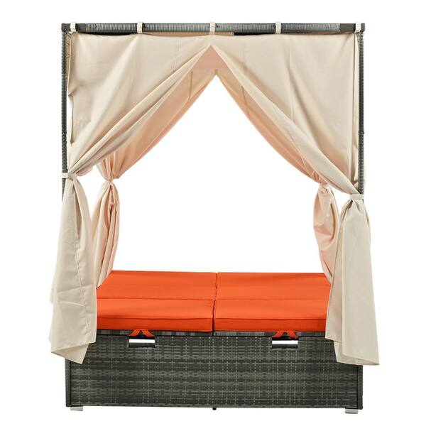 Unbranded Gray Wicker Outdoor Day Bed, with Removable Orange Cushions, Patio Sofa Bed with Canopy and Adjustable Seat