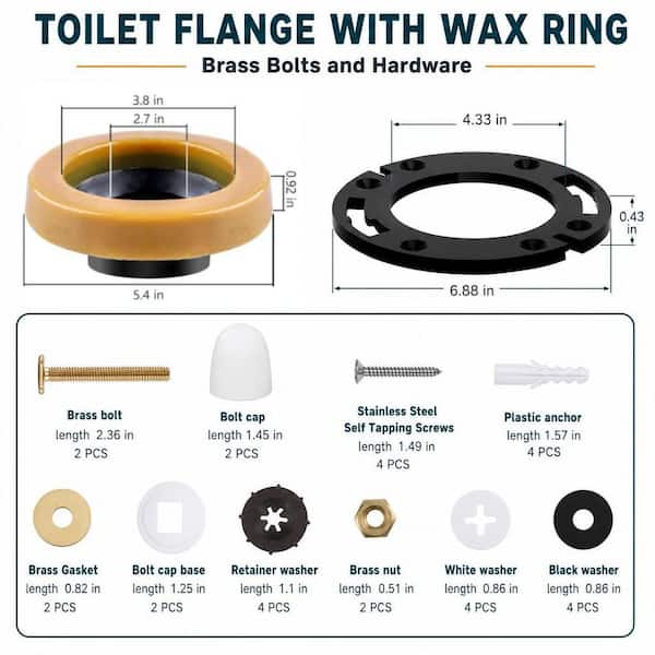 1-Piece Toilet Flange Repair Kit with Wax Ring and Mounting Hardware for Bathroom Toilet Installation in Black
