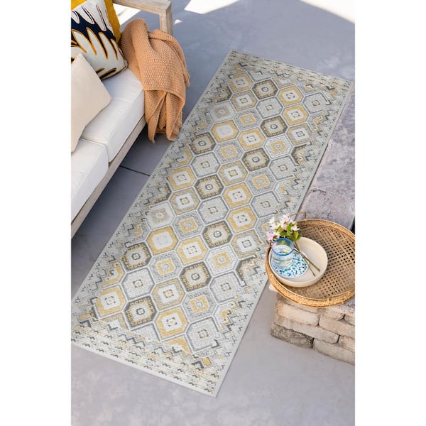 Flora Cream 2 ft. x 8 ft. Geometric Indoor/Outdoor Area Rug