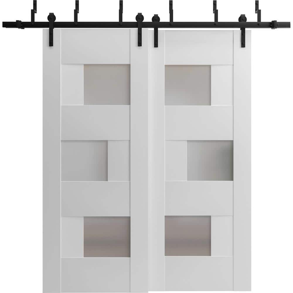 60 in. x 84 in. 2 Panel Frosted Glass White Wood Sliding Barn Door with Hardware Kit price history on PriceWatchPro