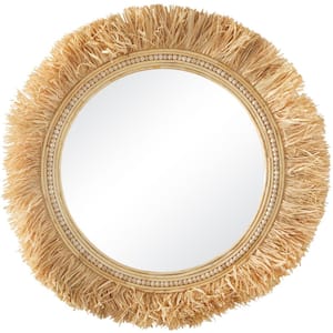 35 in. x 35 in. Round Framed Light Brown Wall Mirror with Fringe Detailing