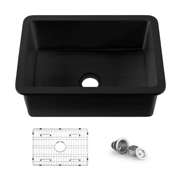 27in. UndermountSingle BowlNo Gauge ApplicableMatte BlackFireclayKitchen Sink with Bottom Grids Strainer