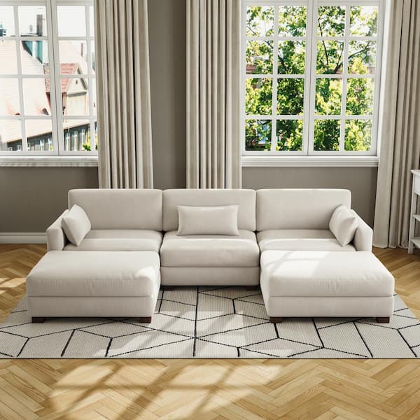 Uixe 123 in. Square Arm 5-Piece Corduroy Upholstered U-Shaped Sectional Sofa in Sea Salt Gray