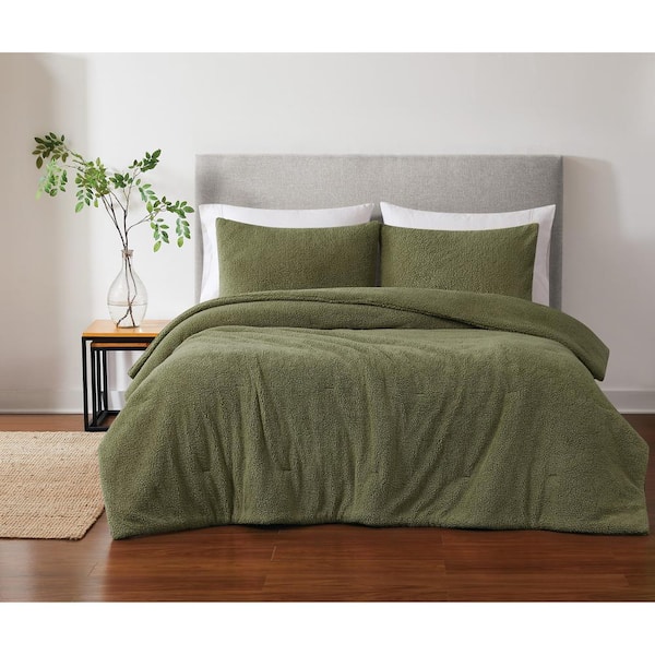 Brooklyn Loom Oversized Marshmallow Sherpa Polyester Olive Green 3 Piece Queen Comforter Set