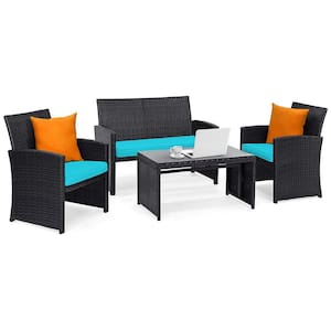 Black 4-Piece Wicker Patio Conversation Set with Turquoise Cushions