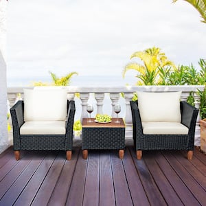 3-Piece Wicker Patio Conversation Set Outdoor Sofa and Coffee Table with White Cushions