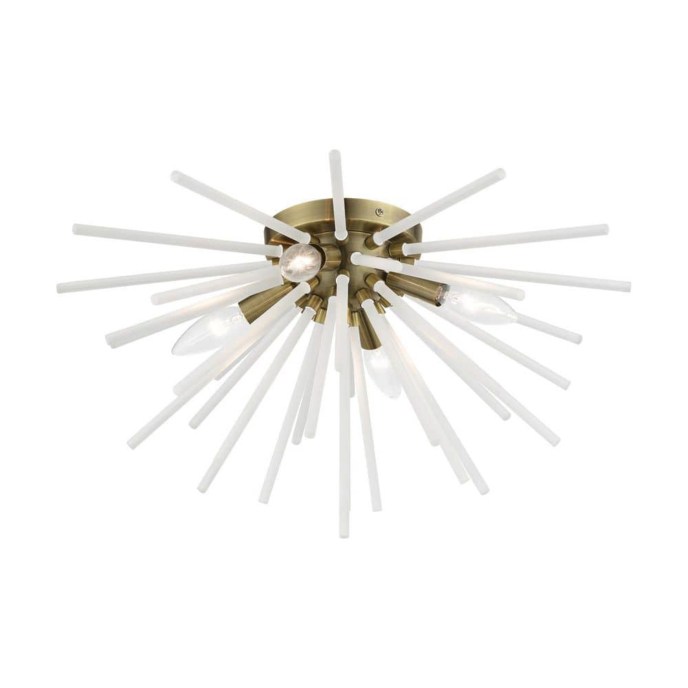 Elegant Uptown Antique Brass 4-Light Flush Mount with Acid Etched Rods