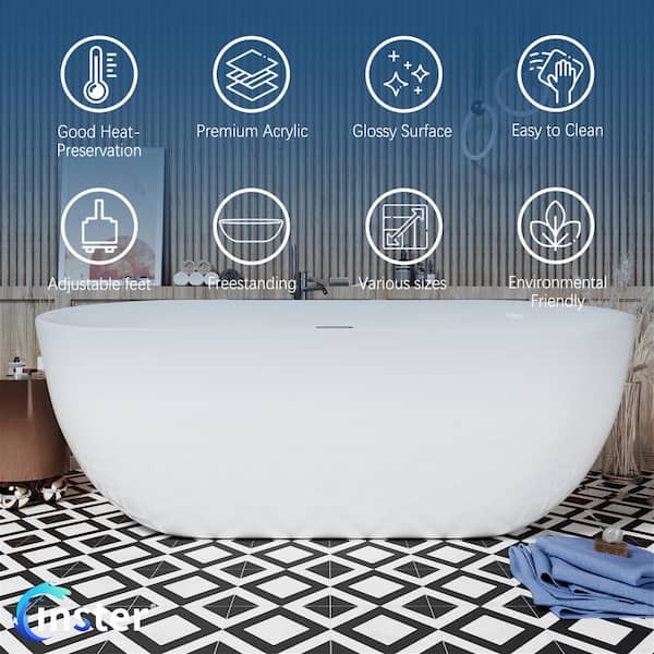 59 in. x 28.34 in. Acrylic Oval Shaped Freestanding Flatbottom Non-Whirlpool Soaking Bathtub with Center Drain in White