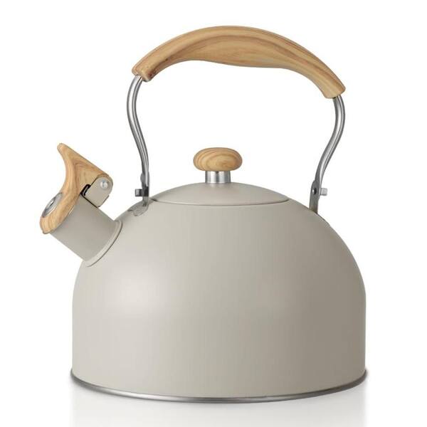 2.5-Cup Stainless Steel Whistling Tea Kettle Wood Pattern Handle Silver Stovetop Compatible with Loud Whistle
