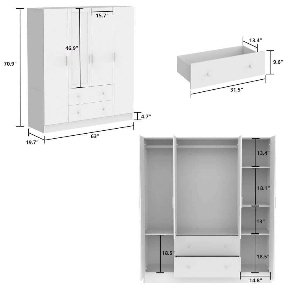 White 4-Door Armoires with Mirror, 2 Hanging Rods, 2-Drawers and Storage Shelves (19.7 in. D x 63 in. W x 70.9 in. H) - thumbnail 3