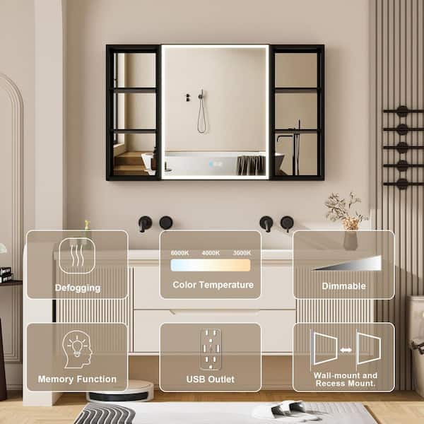 48 in. W x 30 in. H Rectangular Black Aluminum Recessed/Surface Mount LED Medicine Cabinet with Mirror and Outlet