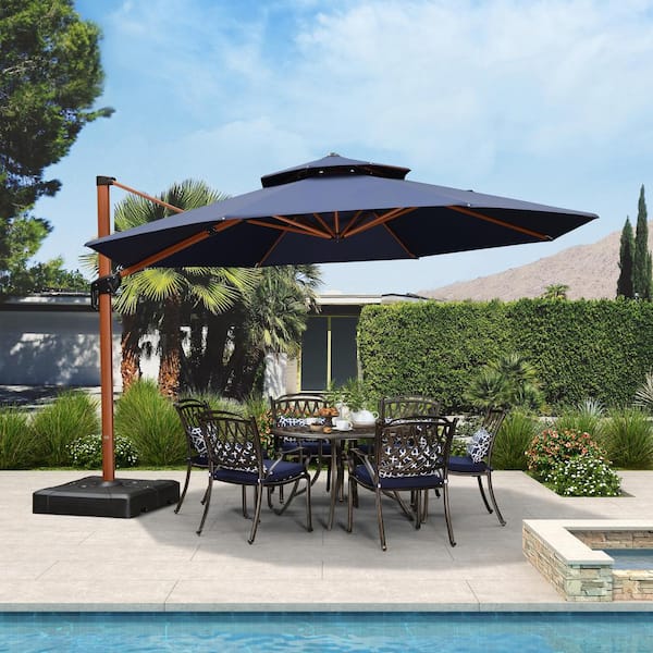 PURPLE LEAF 13 ft. Octagon High-Quality Wood Pattern Aluminum Cantilever Polyester Patio Umbrella with Wheels Base, Navy Blue