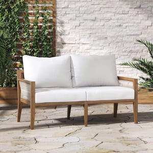 Freya Brushed Light Brown Solid Wood Acacia Frame Upholstered Outdoor Loveseat with Linen White Cushion