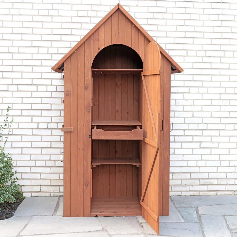 Medium Brown Cypress Wood Multi-Compartment Storage Shed with Drop Table