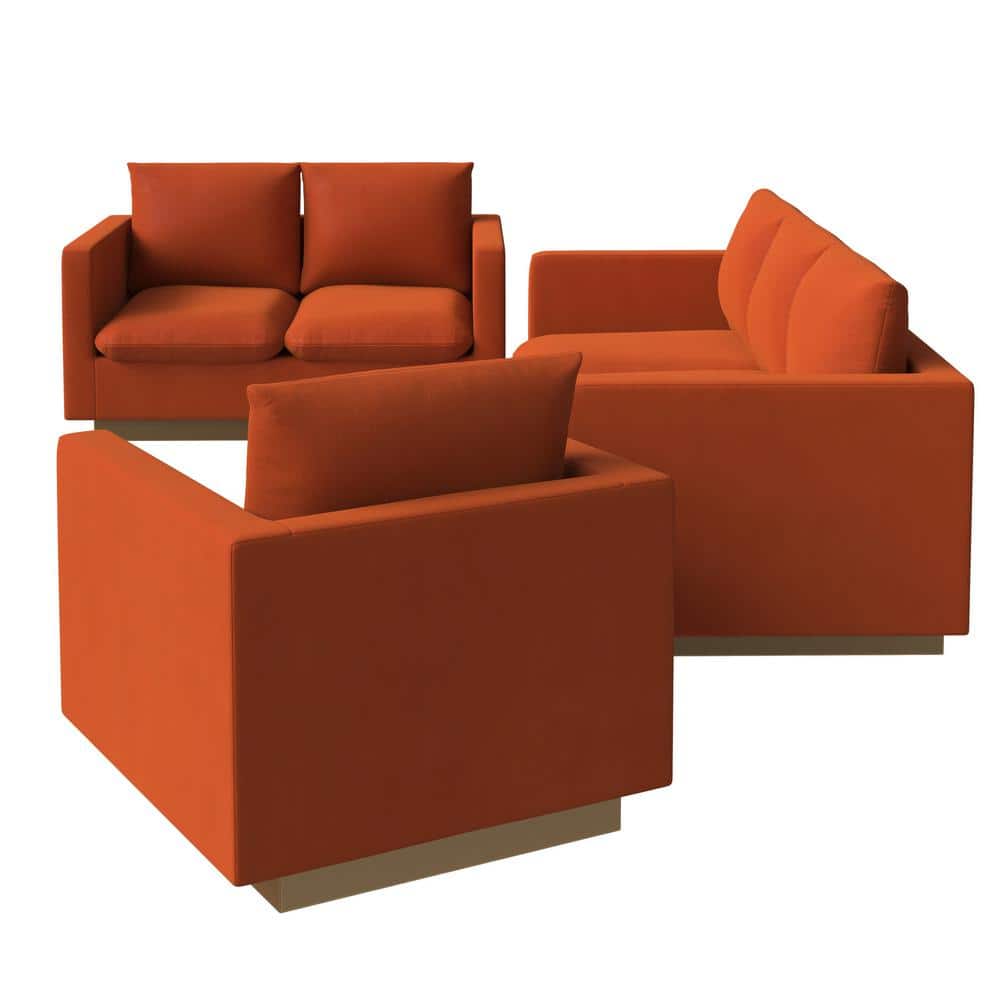 Orange Marmalade Velvet 3-Piece Sofa Set with Gold Base
