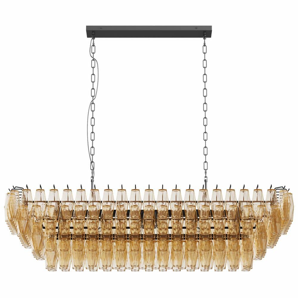 54 in. 12-Light Large Modern Black Rectangular Chandelier with 4 Tiered Glass Shades for Dining Room price history on PriceWatchPro