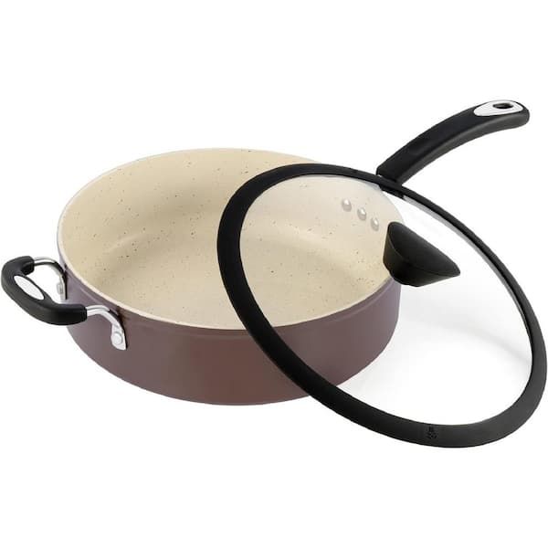 5.3 qt. Stone Layered with Aluminum Core Nonstick Saucepan in Coconut Brown with Silicone Coated Handle and Glass Lid