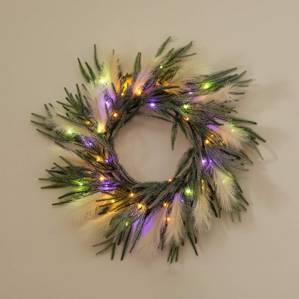 24 in. Artificial Balsam Fir Pine and Pampas Wreath with 50-Color Changing LED Lights