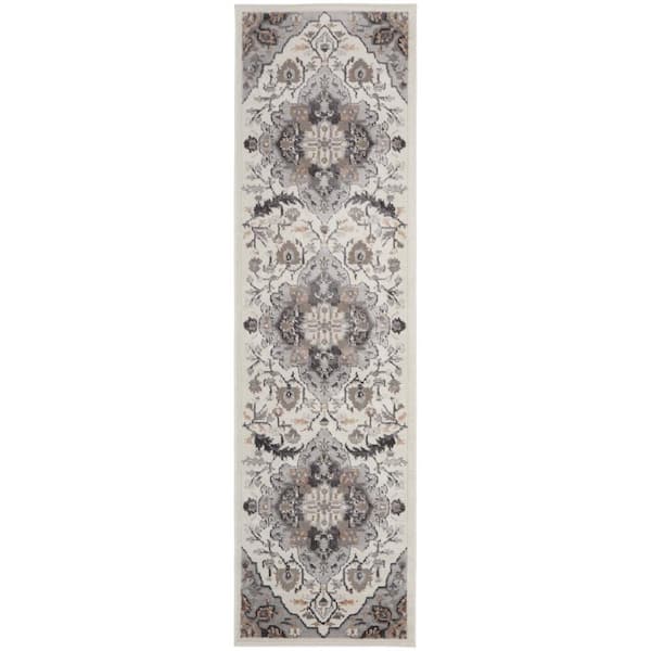 Nourison Elation Ivory Grey 2 ft. x 6 ft. Center medallion Traditional Runner Area Rug