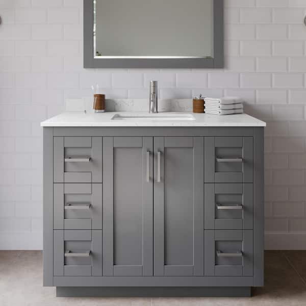 Wyndham Collection Miranda 42 in. W Single Bath Vanity in Dark Gray with Cultured Marble Vanity Top in Light-Vein Carrara with White Basin