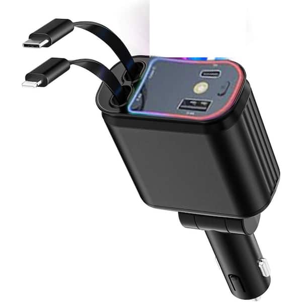 OBJLGEV 66-Watt USB C Car Charger Adapter 4 in 1 Retractable Design with 2 USB Ports Fast Charging Black