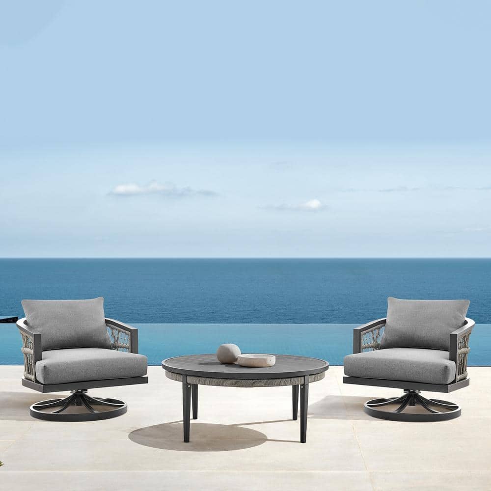 Zella 42" Charcoal Aluminum Round Outdoor Coffee Table with Light Gray Rope