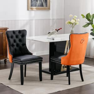Set of 2 High-End Tufted Faux Leather Dining Room Chair with Nailhead Back Ring Pull Trim Solid Wood Legs - Orange/Black