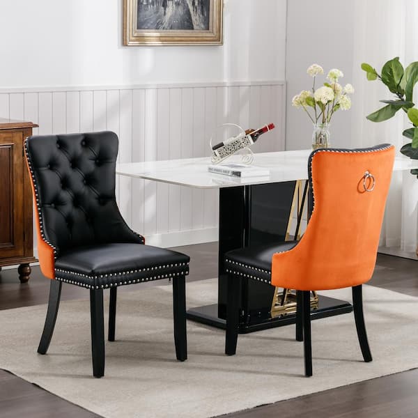aisword Set of 2 High-End Tufted Faux Leather Dining Room Chair with Nailhead Back Ring Pull Trim Solid Wood Legs - Orange/Black