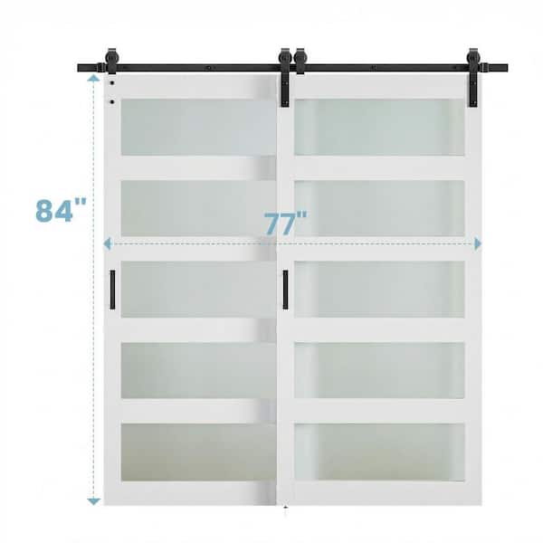 77in.x 84in.(Two 42in.)5-Lite Frost Glass White Finished Composite Assembly Required Sliding Barn Door with Hardware Kit