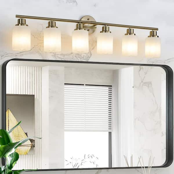 Sunpez 38.6 in.W 6-Light Vanity Light with Frosted Glass Shade, Gold Light Fixture for Bathroom Over Mirror, E26, No Bulbs