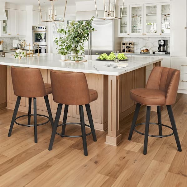 Paul 26 in. Brown Modern Faux Leather 360° Swivel High Back Barstool Solid Wood Counter Height stool (Set of 3)