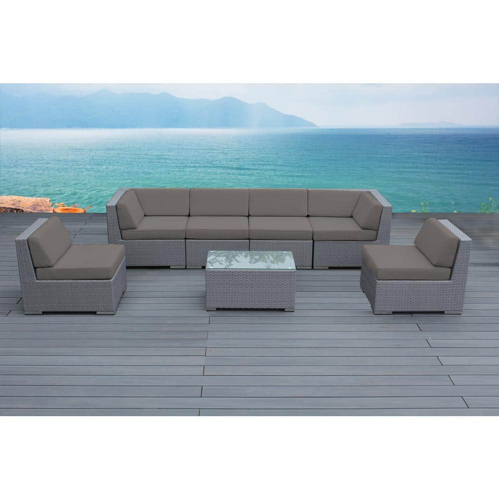 Ohana Depot Ohana Gray 7Piece Wicker Patio Seating Set with Sunbrella