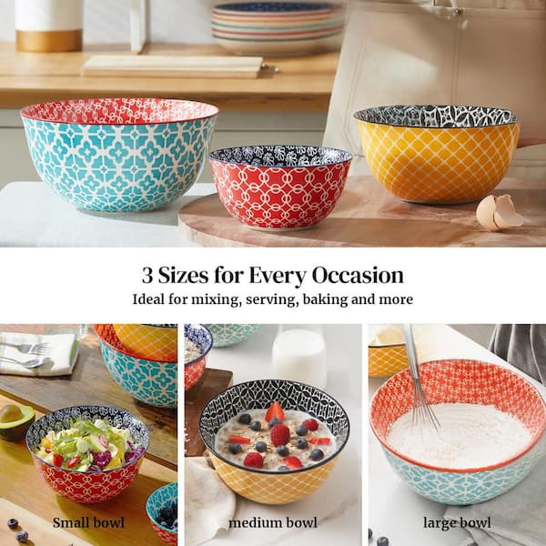 Numhew Art Decor 3-Piece Ceramic Multicolor Mixing Bowl Set with
