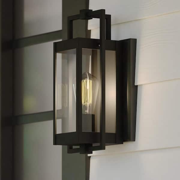 VAXCEL Sheridan 13.25 in. H 1-Light Matte Black Contemporary Hardwired Indoor Outdoor Wall Lantern Fixture with Clear Glass