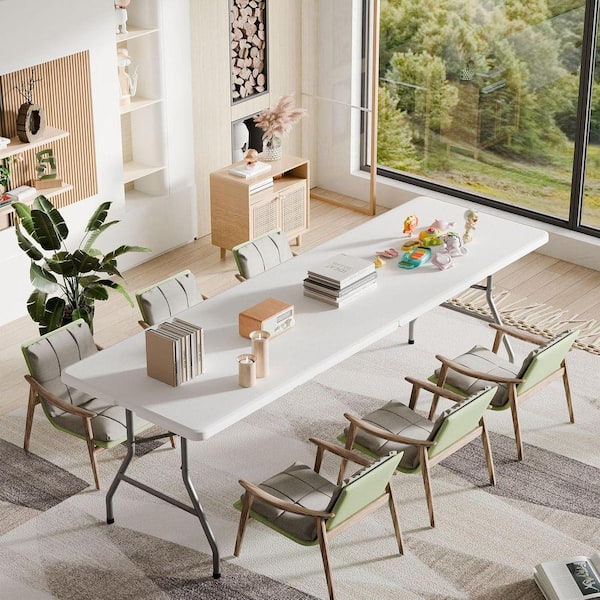 95 in. W White Rectangle Steel Frame Picnic Table Folding Seats 8-People with Portable Carrying Handle for Camping