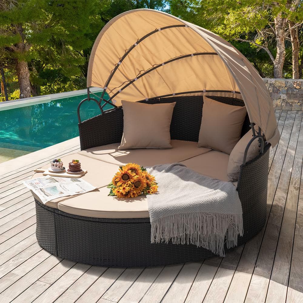 Tozey Chillrest Black Rattan Wicker Outdoor Patio Round Daybed With Retractable Canopy And Beige