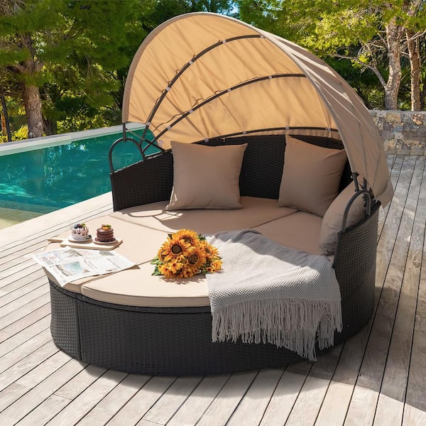 Tozey Chillrest Black Rattan Wicker Outdoor Patio Round Daybed with Retractable Canopy and Beige Cushions