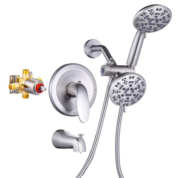 Single handle 7-spray dual shower faucet 1.8 GPM with pressure balance and Tub Spout in Brushed Nickel
