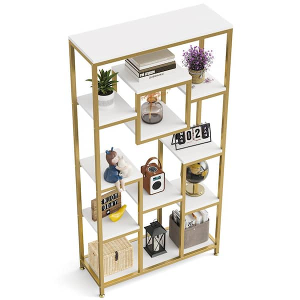 72 in. Brass/Clear Metal 6-shelf Etagere Bookcase with Open Back