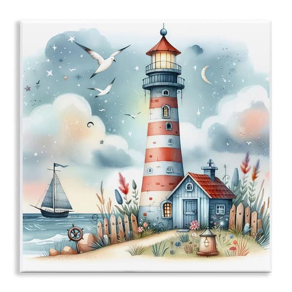 Stupell Industries Fun Maritime Lighthouse by LSR Design Studio Unframed Coastal Graphic Art Print 12 in. x 12 in.